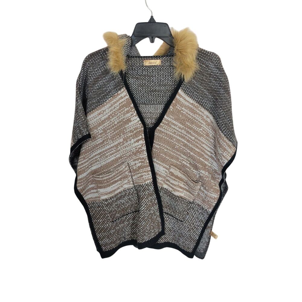 Janice Gray‎ Tan V-Neck Open Front Knit Faux Fur Hoodie Sweater Women's One size